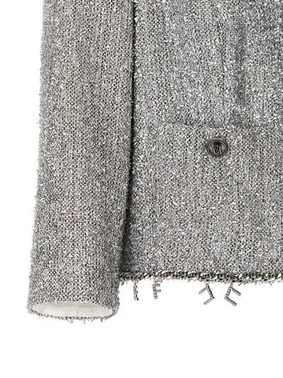 Shop Elisabetta Franchi Lurex Tweed Cropped Jacket In Silver