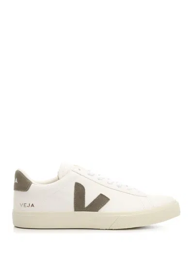 Shop Veja Campo Sneakers With Khaki Green Logo In Extra-white_kaki