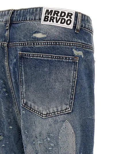 Shop Who Decides War Rhinestone Washed Denim Jeans In Light Blue