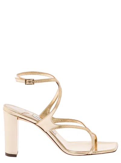 Shop Jimmy Choo Azie Gold-tone Low Top Sandals With Squared Toe In Laminated Leather Woman In Golden