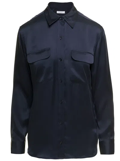 Shop Equipment Signature Navy Blue Long Sleeves Shirt In Silk Woman  In .
