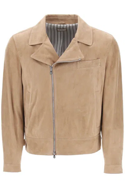 Shop Brunello Cucinelli Suede Biker Jacket In Leather In Beige