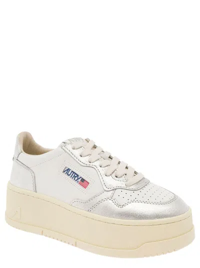 Shop Autry White And Silver Low Top Platform Sneakers With Logo In Leather Woman