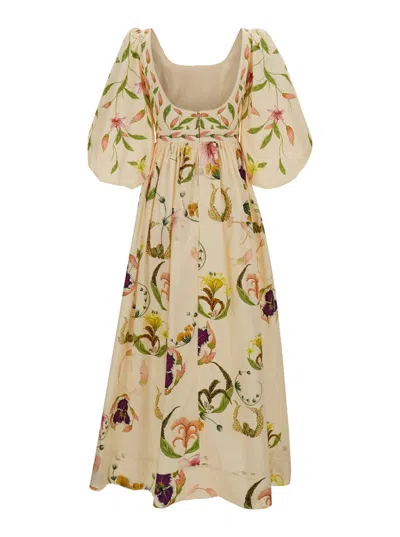 Shop Agua By Agua Bendita White Cream 'vivianne Marina' Long Dress With Floral Pattern All-over  In Cotton Woman In Multicolor