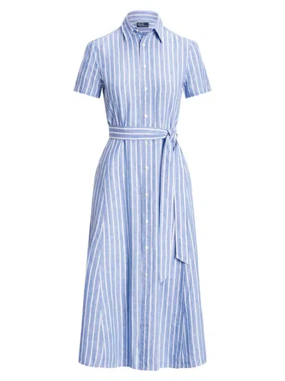 Shop Polo Ralph Lauren Women's Striped Linen Self-tie Shirtdress In Lake Blue White Stripe