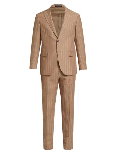 Shop Saks Fifth Avenue Men's Collection Pinstriped Linen Suit In Cream