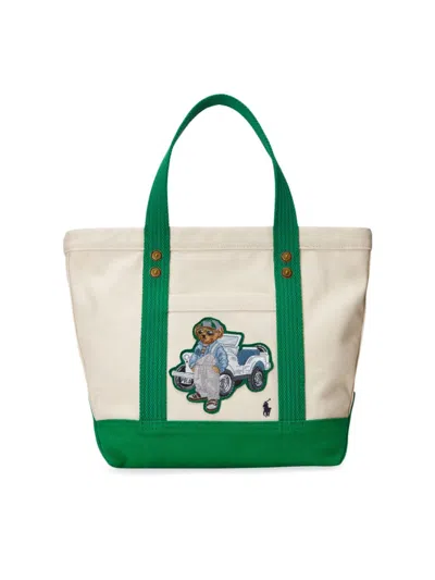 Shop Polo Ralph Lauren Women's Small Embroidered Polo Bear Canvas Tote Bag In Clover Ecru