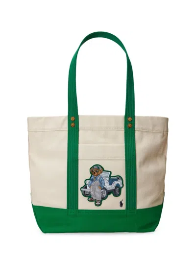 Shop Ralph Lauren Women's Medium Embroidered Polo Bear Canvas Tote Bag In Cloverecru