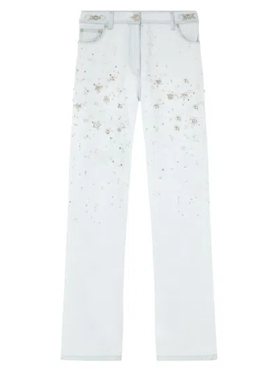 Shop Versace Women's Embroidered Straight-leg Jeans In Light Blue