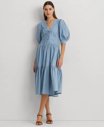 Shop Lauren Ralph Lauren Petite Cotton Chambray Puff-sleeve Dress In Medium Chambray Wash