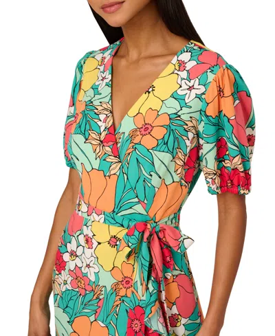 Shop Adrianna By Adrianna Papell Women's Floral-print Wrap Dress In Aqua,coral