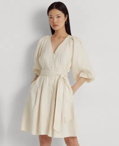 Shop Lauren Ralph Lauren Women's Belted Linen Bubble-sleeve Shirtdress In Mascarpone Cream