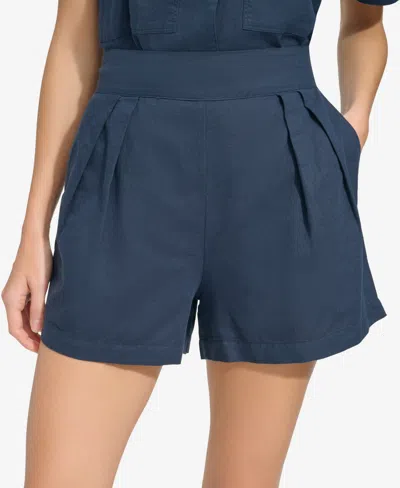 Shop Marc New York Andrew Marc Sport Women's Washed Linen High Rise Pull On Pleated Shorts In Ink