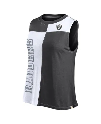 Fanatics Women's  Black, White Distressed Las Vegas Raiders Script Color Block Tank Top In Black,white