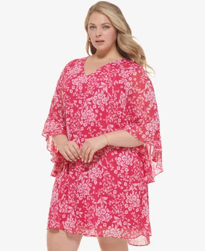 Shop Calvin Klein Plus Size 3/4-sleeve Chiffon Dress In Hibiscus White