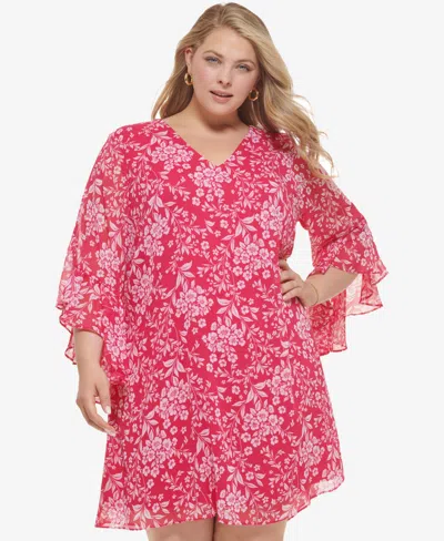 Shop Calvin Klein Plus Size 3/4-sleeve Chiffon Dress In Hibiscus White