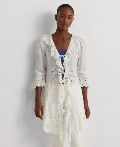 Shop Lauren Ralph Lauren Women's Embroidered Eyelet Shirt Jacket In White