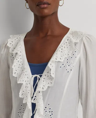 Shop Lauren Ralph Lauren Women's Embroidered Eyelet Shirt Jacket In White