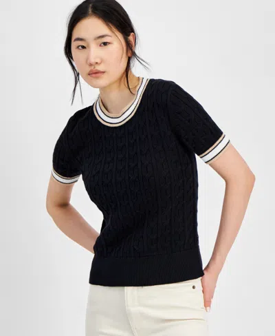 Shop Tommy Hilfiger Women's Short-sleeve Cable-knit Sweater In Black
