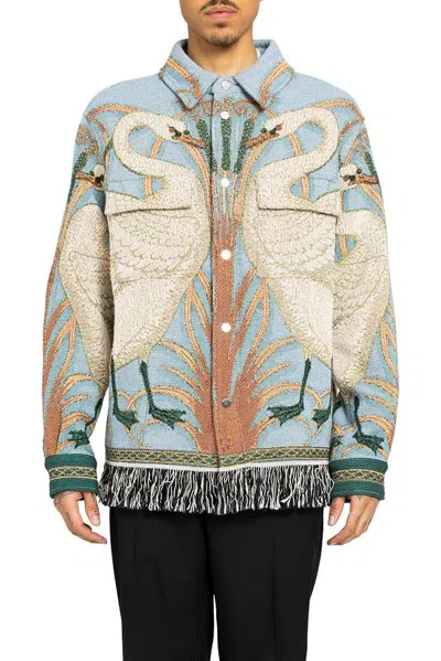 Shop Amiri Swan Tapestry Fringed Button In Multi