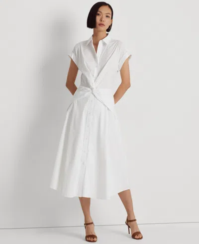 Shop Lauren Ralph Lauren Women's Twist-front Cotton-blend Shirtdress In White