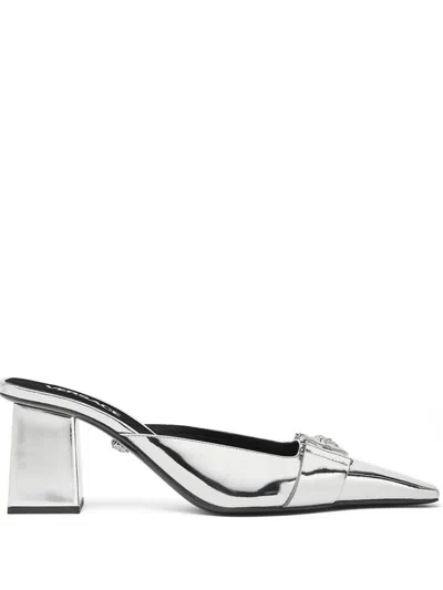 Shop Versace Silver-tone Medusa Leather Mules In Silber