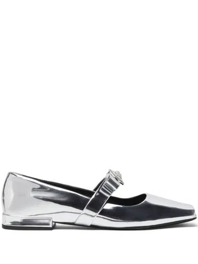 Shop Versace Silver-tone Gianni Ribbon Leather Ballerina Pumps In Silber