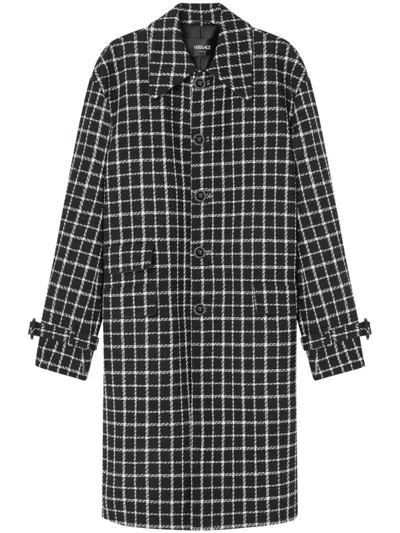 Shop Versace Black Checked Tweed Wool Coat In Schwarz