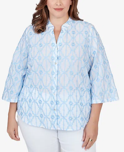 Shop Ruby Rd. Plus Size Trellis Embroidered Cotton Button Front Top In Atlantic Multi