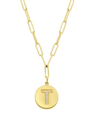 Adornia Tarnish Resistant 14k Gold Plated Pave Crystal Initial Disc Paperclip Necklace In Gold- T