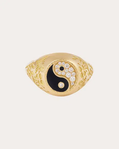 Mysteryjoy Women's Small Yin Yang 18k Gold Lacquer And Lab-grown Diamond Signet Ring In Gold