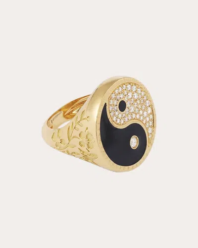 Mysteryjoy Women's Large Yin Yang 18k Gold Lacquer And Lab-grown Diamond Signet Ring In Gold