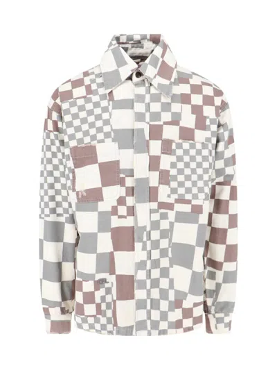 Erl Multicolor Jacket With Asymmetric Check Motif In Cotton Denim Man In Grey