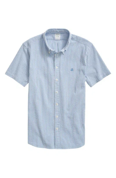 Shop Brooks Brothers Stripe Stretch Seersucker Short Sleeve Button-down Shirt In Blue Stripe
