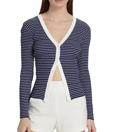 Shop Staud Women Cardigan Sweater Cargo Ribbed Knit Navy Micro Stripe In Blue