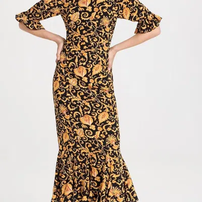Shop Rhode Women's Felix Dress, Baroque Heart, Floral, Puff Sleeves Gold Midi Dress In Black