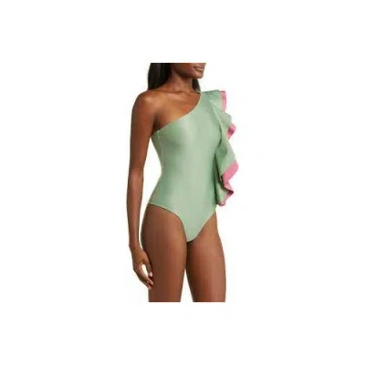 Shop Farm Rio Women Ruffled One Shoulder Strap One Piece Swimsuit In Green