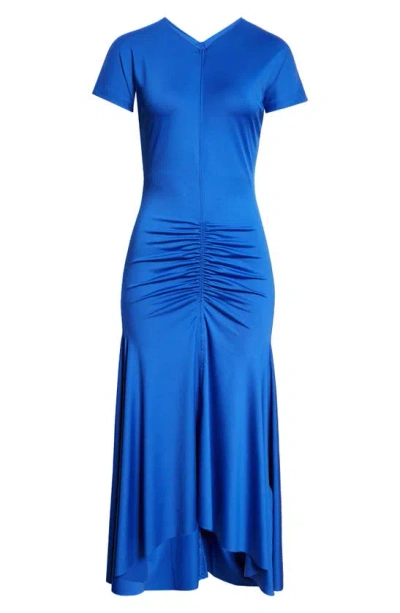Shop Victoria Beckham Asymmetric Hem Ruched Jersey Midi Dress In Royal Blue