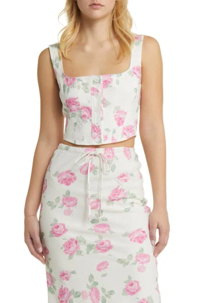 Shop Wayf Romeo Floral Linen Blend Crop Top In Ivory Roses