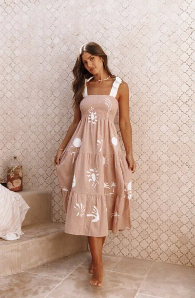 Petal And Pup Petal & Pup Sarelle Smocked Midi Dress In Brown