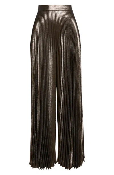 Shop Max Mara Panteon Pleated Metallic Silk Blend Wide Leg Pants In Bronze