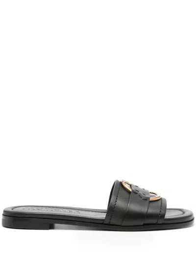 Shop Moncler Leather Bell Slipper With Logo Ring In Black