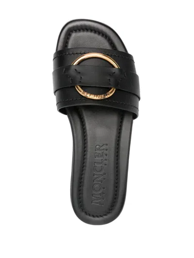 Shop Moncler Leather Bell Slipper With Logo Ring In Black