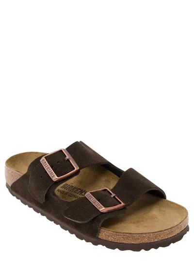 Shop Birkenstock Brown Slip-on Sandals With Engraved Logo In Leather And Cork Man