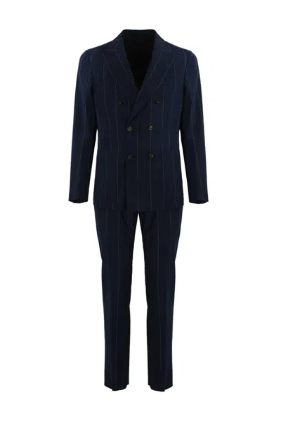 Shop Eleventy Blue Double-breasted Pinstripe Suit