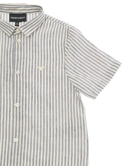 Shop Emporio Armani Grey And White Stripe Shirt With Logo Embroidery In Cotton And Linen Boy In Multicolor
