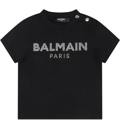 Shop Balmain Black T-shirt For Baby Girl With Logo And Rhinestone