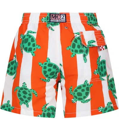 Shop Mc2 Saint Barth Orange Swim Shorts For Boy With Turtle Print
