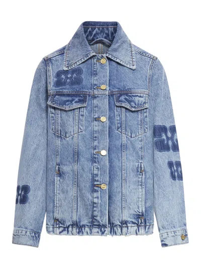 Shop Ganni Patch Denim Jacket In Mid Blue Stone