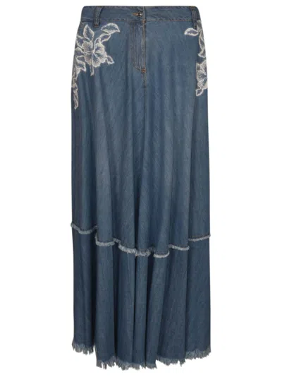 Shop Ermanno Scervino Floral Embroidered Pleated Skirt In Denim